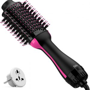 Dual Voltage Hair Dryer Brush with Negative Ion Anti-frizz Styler - Hot Air Volumizer for 110V-120V/220V-240V European and Travel Use